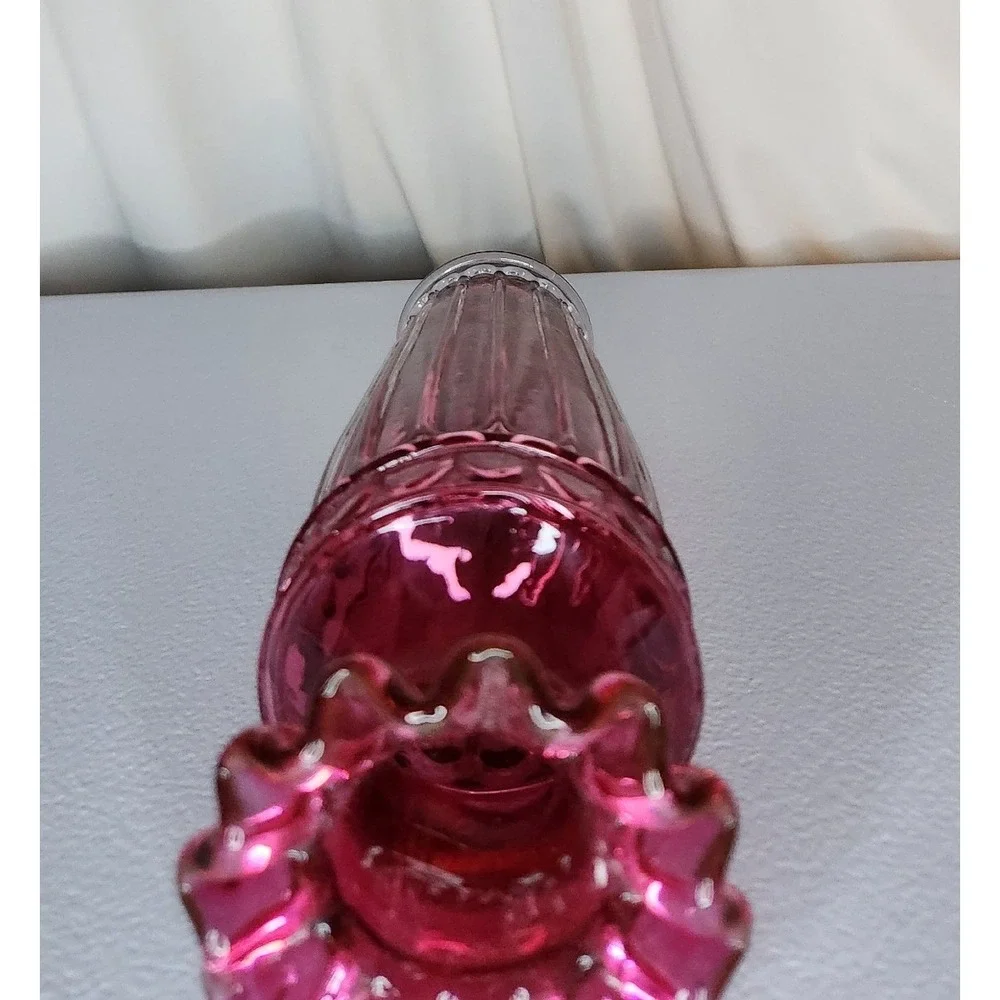 Vintage Cranberry Glass Vase Ruffled Rim Ribbed Pink Ruby